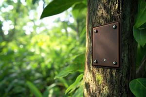 A metal plaque mounted on a tree in a lush green forest setting. photo