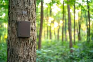 A brown box mounted on a tree in a lush forest setting. photo