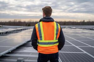 Worker in safety vest overlooking solar panels on a cloudy day. photo