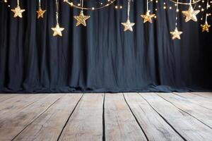 A festive scene with golden stars and string lights on a dark backdrop. photo