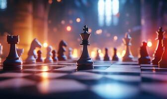A dramatic chess scene with illuminated pieces in a mystical setting. photo
