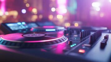 A close-up of a DJ setup with turntables and colorful lights. photo