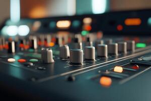 Close-up of a sound mixing console with various knobs and buttons. photo