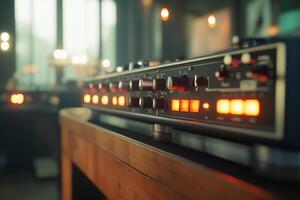 Close-up of a music production device with illuminated controls. photo