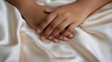 A pair of hands resting gently on a soft, silky surface. photo