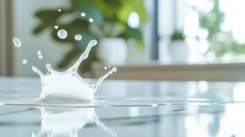 A close-up of milk splashing on a surface in a bright environment. photo