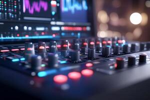 A close-up of a digital audio mixer with colorful controls and screens. photo