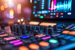 Close-up of a music production interface with colorful buttons and knobs. photo
