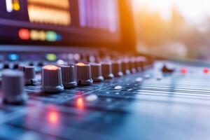 Close-up of a sound mixing console with illuminated controls. photo
