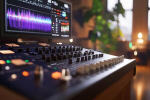 A close-up of a sound mixing console with audio waveform display. photo