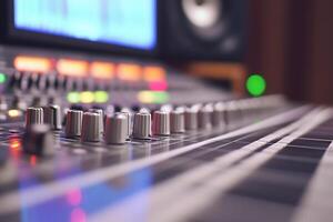 Close-up of a sound mixing console with knobs and colorful lights. photo