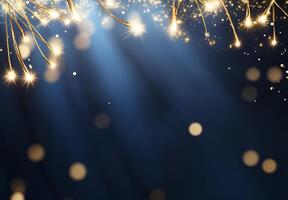 A sparkling background with light rays and bokeh effects for celebrations. photo