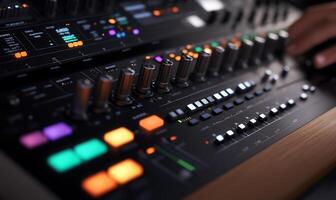 Close-up of a music production interface with knobs and buttons. photo