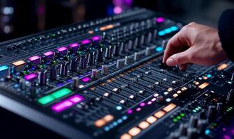 A close-up of a hand adjusting controls on an audio mixing console. photo