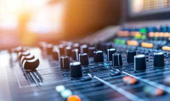 Close-up of a sound mixing console with various knobs and sliders. photo
