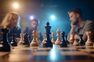 A chess game in progress, featuring blurred players in the background. photo