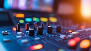 A close-up of a sound mixing console with colorful buttons and knobs. photo