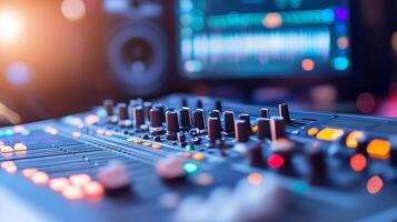 A close-up of a mixing console with colorful lights and a screen. photo