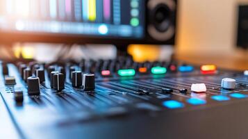 A close-up of a mixing console with colorful buttons and sliders. photo