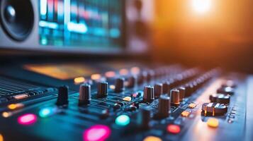Close-up of a sound mixer with colorful controls and displays. photo