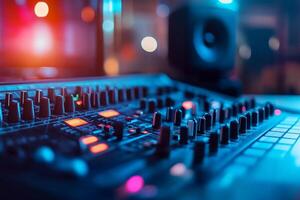 A close-up of a music mixing console with illuminated controls. photo