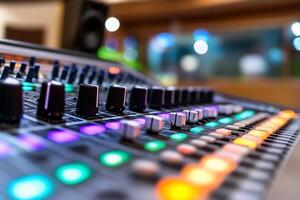 A close-up of a colorful audio mixing console with various controls. photo
