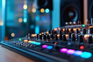 Close-up of a music mixing console with colorful controls and lights. photo