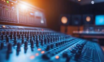 A close-up of a sound mixing console in a recording studio. photo