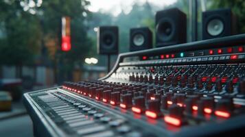A close-up of a mixing console with illuminated controls and speakers. photo