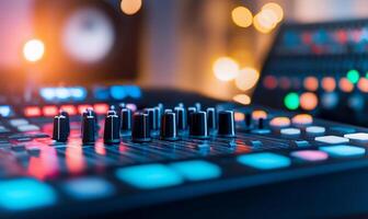 Close-up of a music mixing console with colorful buttons and knobs. photo