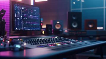 A modern audio studio setup with a mixing console and monitors. photo
