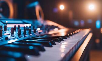 Close-up of a synthesizer keyboard in a studio setting. photo