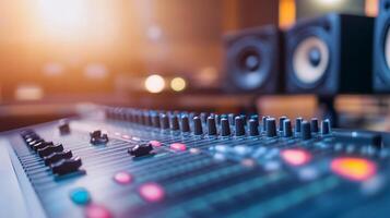 A close-up of a sound mixing console in a studio setting. photo