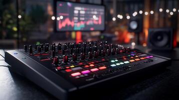 A digital audio mixer with colorful controls in a studio setting. photo