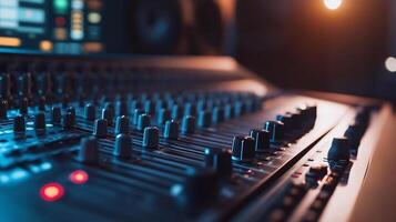 Close-up of a sound mixing console with knobs and buttons illuminated. photo