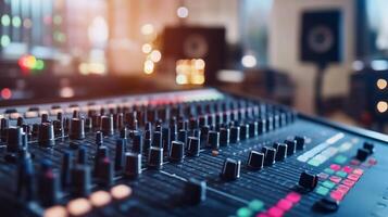 Close-up of a professional audio mixing console in a studio setting. photo