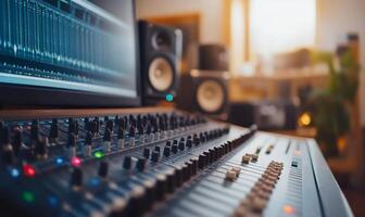 A close-up of a sound mixing console in a music studio setting. photo