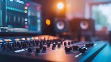 A close-up of a music production setup with a mixing console and monitors. photo