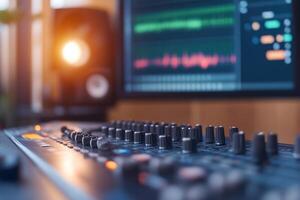 A close-up of a sound mixing console with a computer display. photo
