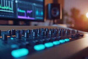 A close-up of a music mixing console with a computer screen. photo
