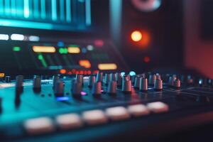 Close-up of a digital audio mixer with colorful sound interface. photo