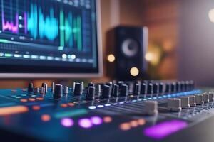 A close-up of a digital audio mixer and waveform display on a screen. photo