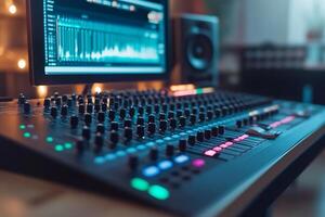 A close-up of a digital audio mixing console and computer screen. photo