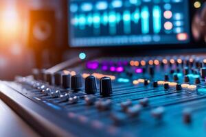 Close-up of a music mixing console with colorful controls and screen. photo