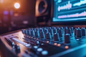 Close-up of a music mixing console with illuminated controls. photo