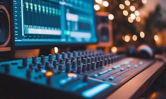 A close-up of a music mixing console and computer screen in a studio. photo