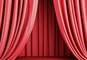 A pair of red curtains drawn open, revealing a stage backdrop. photo