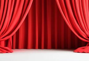Red curtains drawn open, revealing a stage for performance or presentation. photo