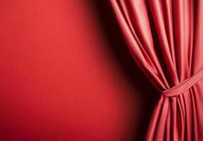 A red curtain drapes against a matching wall, creating a vibrant scene. photo