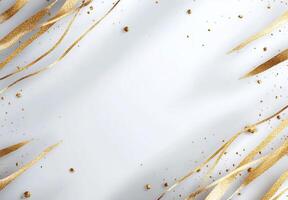 A minimalist background featuring golden ribbons and specks on a light surface. photo